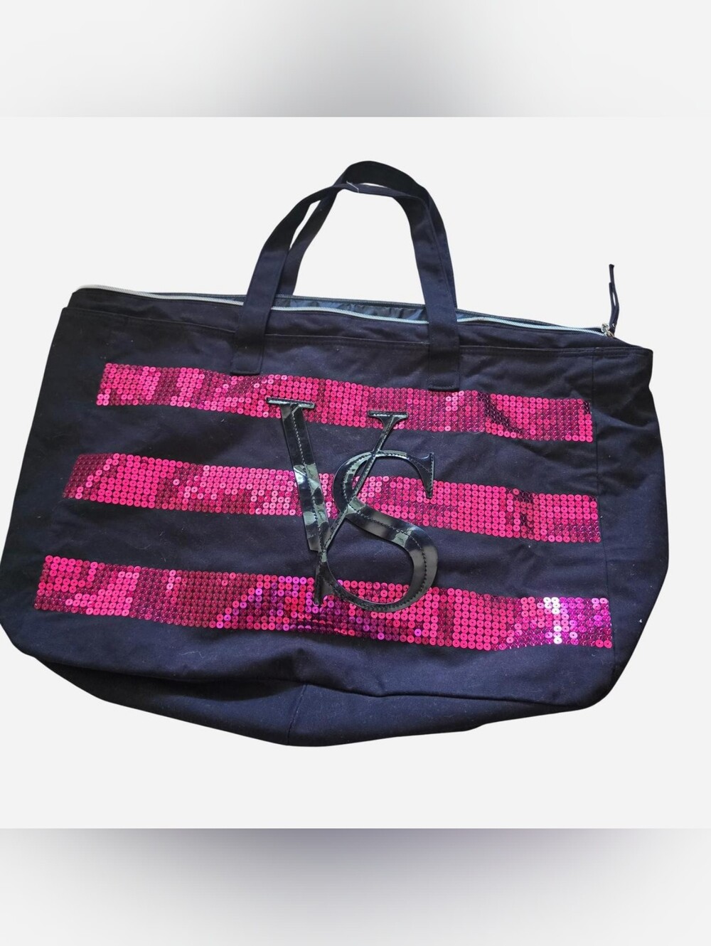 Victoria's Secret Black Tote Bag with Pink Sequin Stripes
